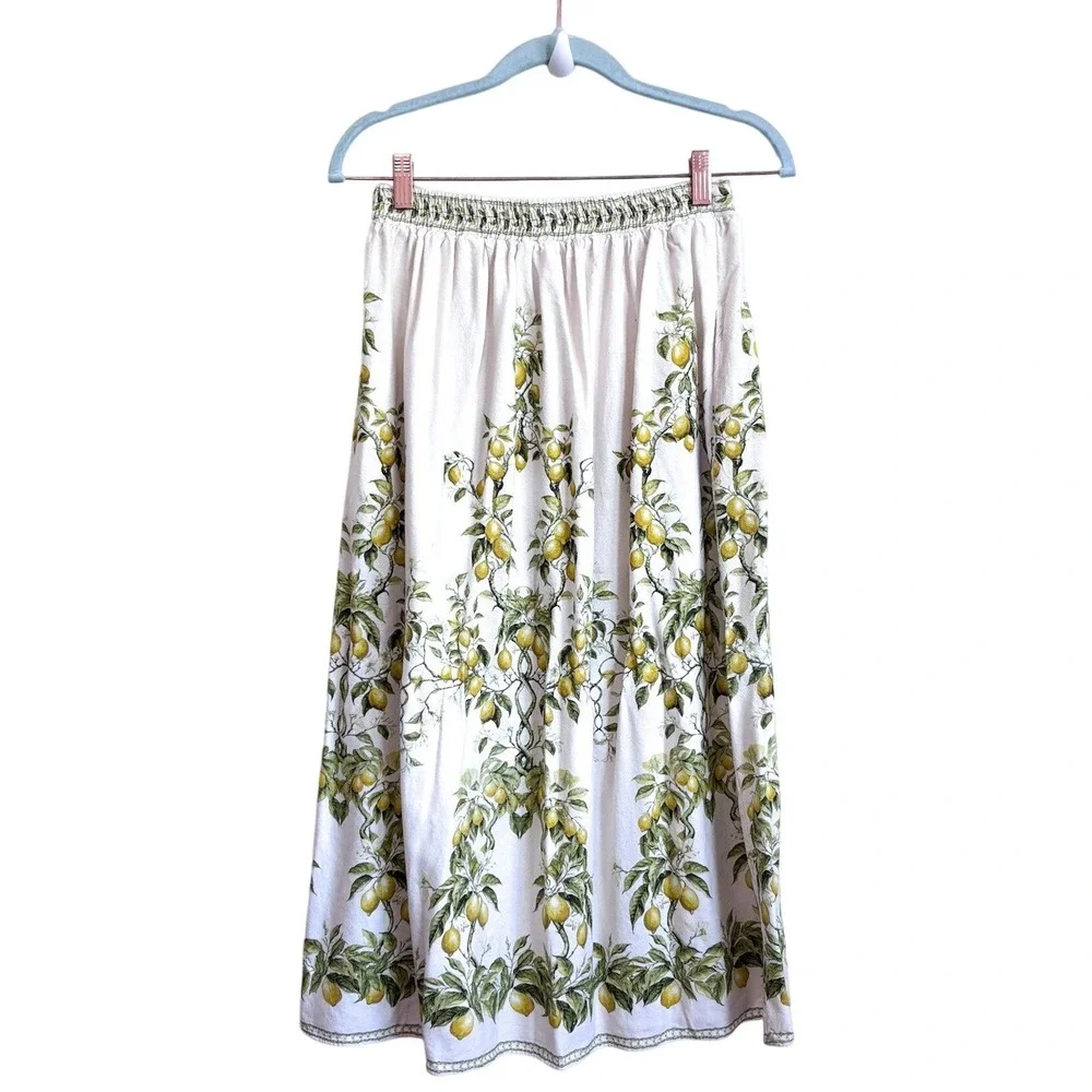 Max Studio Lemon Fruit Linen Midi‎ Skirt XS Euro Summer Coastal Cottage Pockets